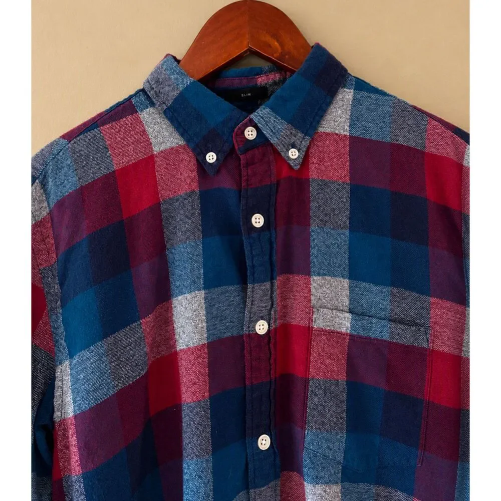 J Crew Mens Slim Flannel Plaid Shirt Size M Burgundy Navy Preppy Fall